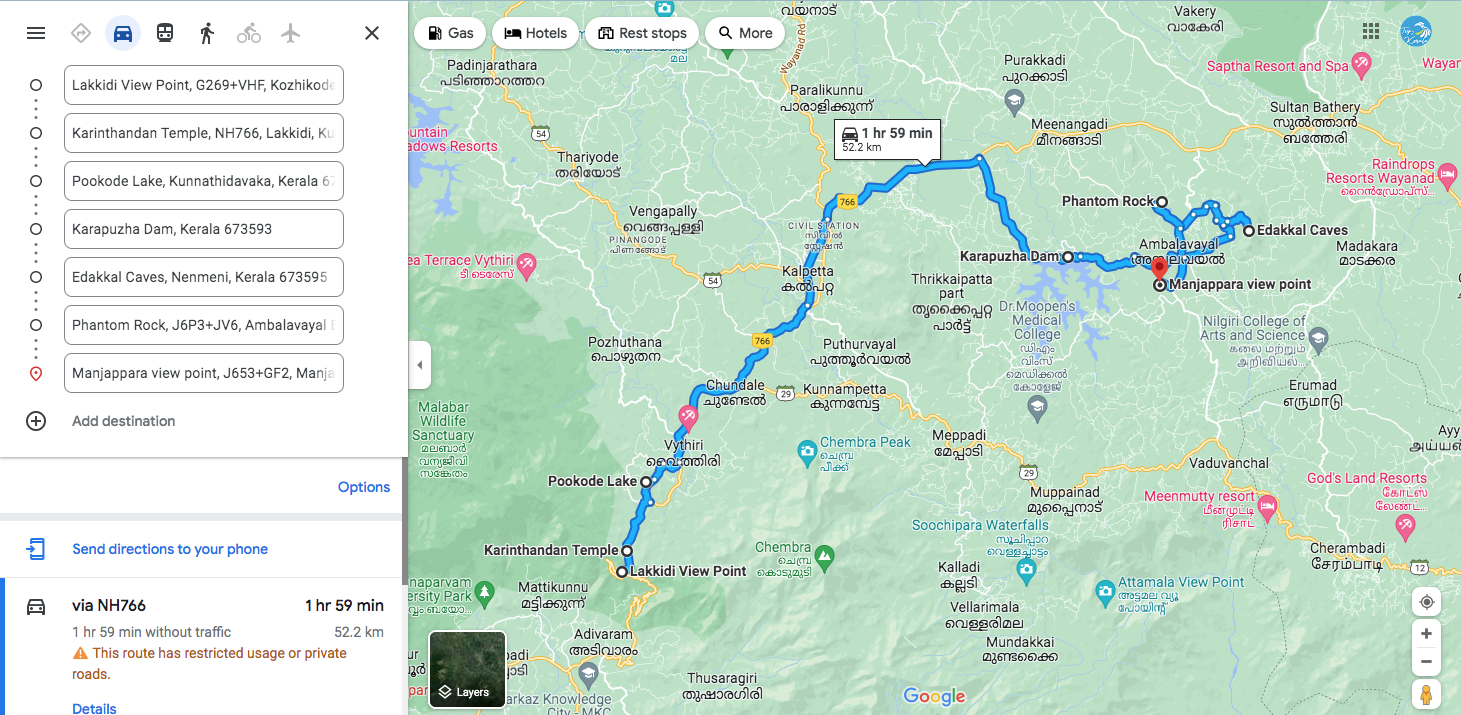 route map of wayanad tourist places